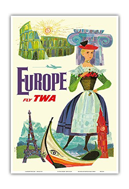 Pacifica Island Art Europe - Trans World Airlines Fly TWA - Vintage Airline Travel Poster by David Klein c.1960s - Master Art Print - 13in x 19in Pacifica Island Art Europe - Trans World Airlines Fly TWA - Vintage Airline Travel Poster by David Klein c.1960s - Master Art Print - 13in x 19in