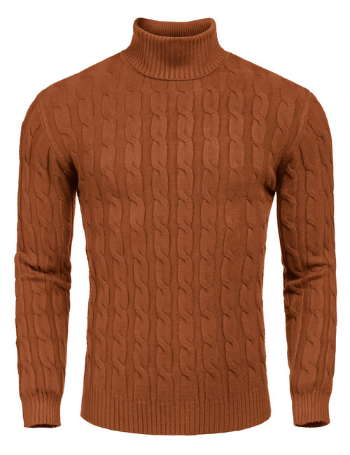 COOFANDY Men's Slim Fit Turtleneck Sweater Casual Twisted Knitted Pullover Sweaters Brown