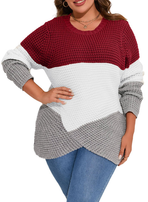 Eytino Women's Plus Size Crew Neck Long Sleeve Pullover Sweaters Color Block Asymmetric Hem Casual Knit Sweater,4X Red