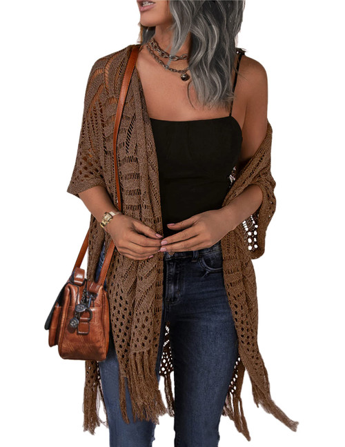 HOTOUCH Thin Crochet Cardigans for Women Open Front Knitted Sweater Lightweight Knit Coverups Brown M HOTOUCH Thin Crochet Cardigans for Women Open Front Knitted Sweater Lightweight Knit Coverups Brown M