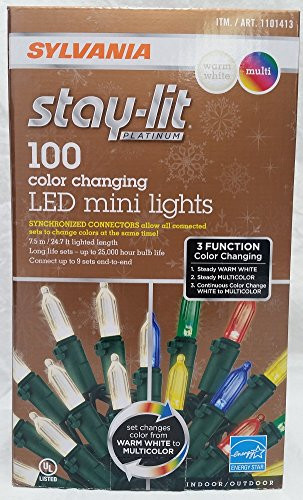 Sylvania Stay-Lit Platinum 100 - 3 Function Color Changing LED Mini Lights - Warm White & Multi - 2017 New & improved Connectors