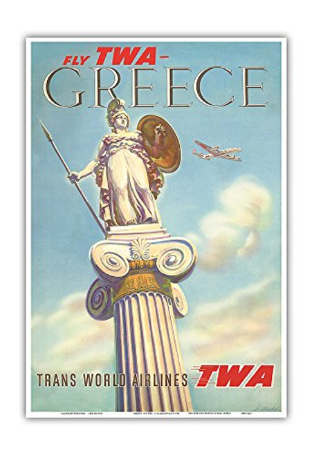 Pacifica Island Art Greece - Fly TWA Trans World Airlines - Athena - Vintage Airline Travel Poster by S. Almaliction c.1955 - Master Art Print - 13in x 19in Pacifica Island Art Greece - Fly TWA Trans World Airlines - Athena - Vintage Airline Travel Poster by S. Almaliction c.1955 - Master Art Print - 13in x 19in