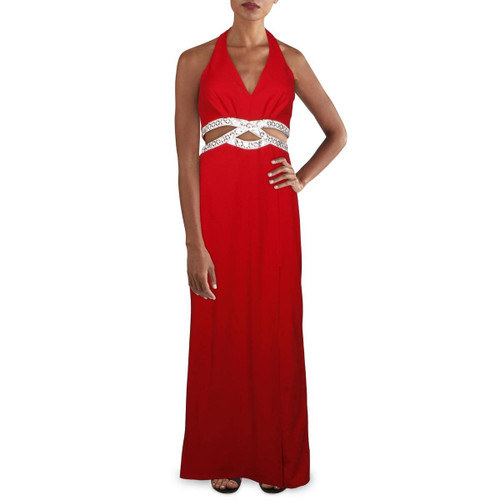 Speechless Womens Juniors Embellished Cut-Out Evening Dress Red 1