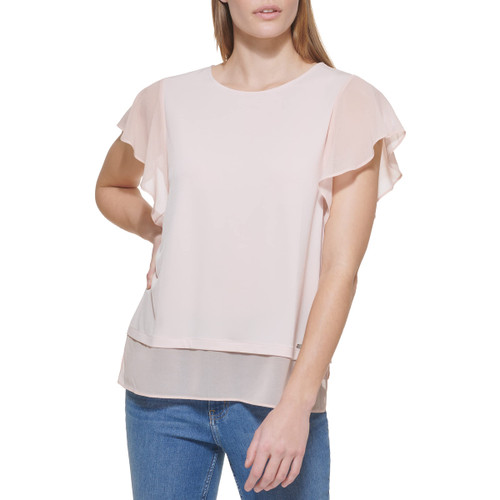 Calvin Klein CK Women's Blouse Ruffle Sleeve, Blush, Large