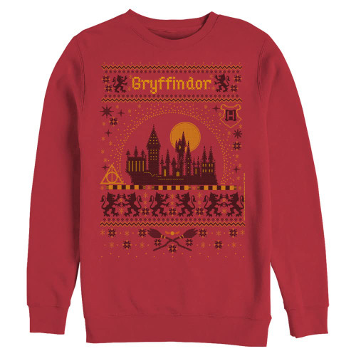 Harry Potter and The Deathly Hallows Gryffindor House Sweater Mens Pullover Crew Fleece, Red, Medium