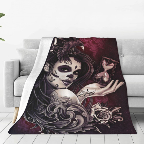 Sugar Skull Girl Throw Blanket, Ultra Soft Cozy Flannel Blanket Lightweight Warm Luxury Bed Throws for Couch Sofa Chair Bed Office All Season 60"X50"