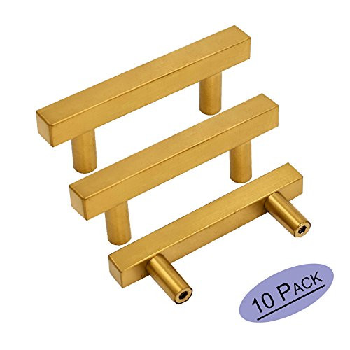 Brushed Brass Cabinet Knobs Drawer Pulls Furniture Hardware - Goldenwarm LS1212GD64 T Bar Square Gold Kitchen Cabinet Door Handle 2.5 Inch Hole Centers Bathroom Cabinet Pulls 10 Pack