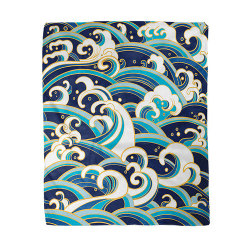 rouihot 50x60 Inches Flannel Throw Blanket Blue Pattern Traditional Oriental Ocean Waves Foam Splashes Japan Home Decorative Warm Cozy Soft Blanket for Couch Sofa Bed