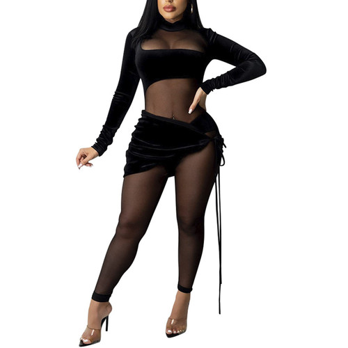 sedmoda Women's Sexy See Through Velvet Jumpsuit Long Sleeve Sheer Mesh Patchwork Bodycon Club Party Rompers