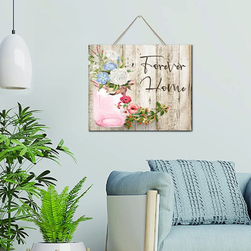 Personalized Wall Art Decorative Wooden Plaque Sign Forever Home Watercolor Mason Jar Floral Antique Wood Plaque 10x12 Flower Picture Painting Wooden Hanging Signs Home Decor for Laundry Cabin