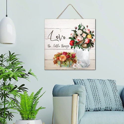 Love The Little Things Watercolor Floral in Mason Jar Artwork Decoration Signs Rustic Wood Sign Cute Flowers Painting Pictures Artwork Wall Art Wood Plaque Sign Home Decor for Laundry Pantry 12x12
