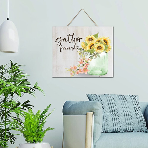 Gather Friends Watercolor Floral in Mason Jar Wood Signs Funny Laundry Art Decor Wooden Plaque Sign Painted Abstract Flower Picture Painting Wooden Plaque for Bedroom Dinning Room 10x12 Inch