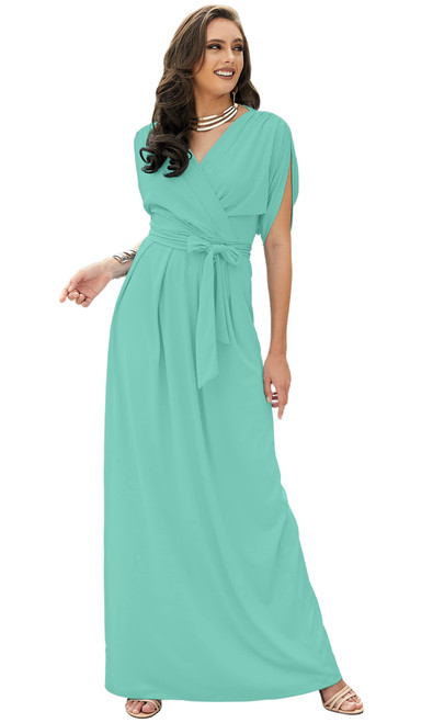 KOH KOH Plus Size Womens Long Formal Short Sleeve Cocktail Flowy V-Neck Casual Bridesmaid Wedding Party Guest Evening Cute Maternity Work Gown Gowns Maxi Dress Dresses, Light Mint Green 2XL 18-20