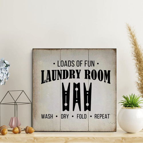 LITTLEGROVE SEEDS Vintage Wood Signs Loads Of Fun Laundry Room Wash. Dry. Fold. Repeat Wood Plaque Farmhouse Wall Art Rustic Wall Decorations for Living Room Home Cafes Man Cave 16x16in