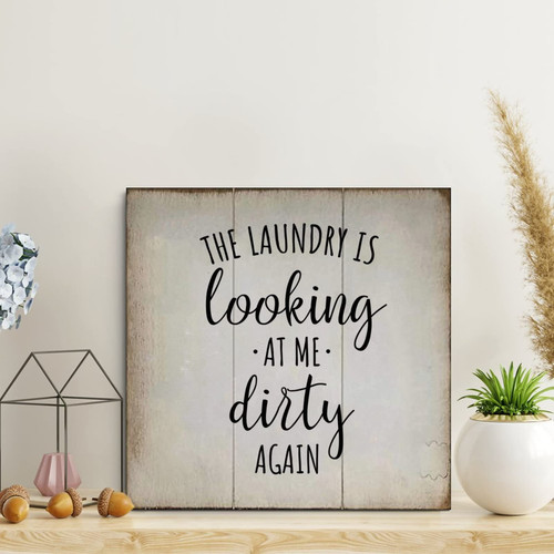 LITTLEGROVE SEEDS The Laundry Is Looking At Me Dirty Again Wood Sign Wood Plaque Motivational Wall Decorations for Living Room Rustic Wall Art Kitchen Wall Hanging Signs Home Decor 16x16in
