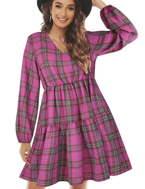 FANCYINN Womens Long Sleeve Buffalo Plaid Shift Tunic Dress Ruffle Hem Vneck Casual Swing Babydoll Mini Dress with Pockets Rose Red M FANCYINN Womens Long Sleeve Buffalo Plaid Shift Tunic Dress Ruffle Hem Vneck Casual Swing Babydoll Mini Dress with Pockets Rose Red M