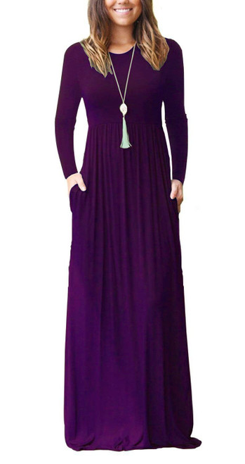 MISFAY Women's Long Sleeve Loose Plain Maxi Dresses Casual Long Dresses with Pockets (Small,1-ls Purple)