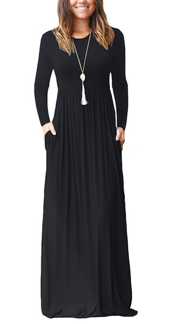 MISFAY Women's Long Sleeve Loose Plain Maxi Dresses Casual Long Dresses with Pockets (L, 2-ls Black)