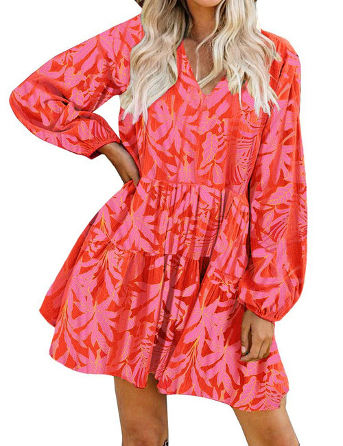 FANCYINN Long Sleeve Shift Tunic Dress Ruffle Swing Babydoll Juniors Mini Tiered Dress with Pockets Pink Floral XL