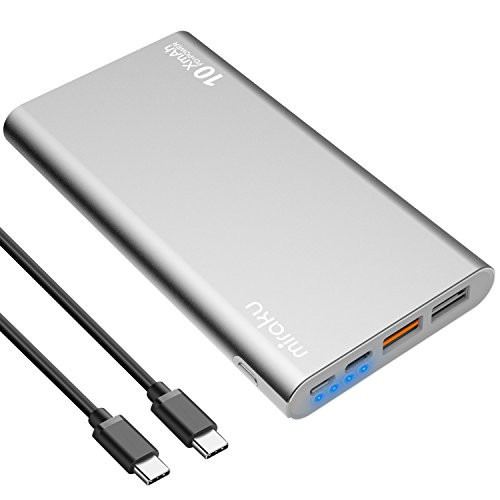 Portable Phone Charger USB C - miraku 10000mAh Slim Power Bank with 18W Power delivery,QC3.0 Type-C Battery Backup Charger with 4 Ports for Nintendo Switch,iPhone X/8,Galaxy Note8/S8 and More(Silver)