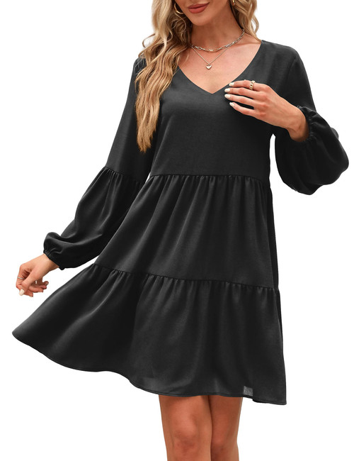 DittyandVibe Womens Casual Dresses Long Sleeve V Neck Loose Flowy Shift Dress (Black, XL)