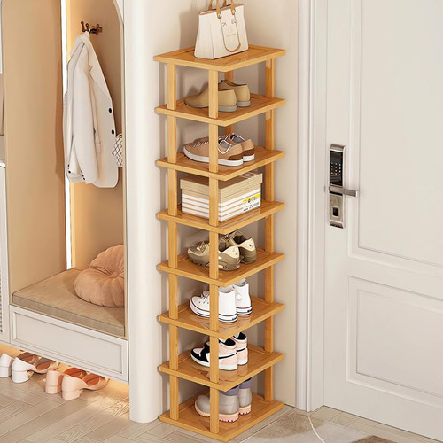 8 Tiers Vertical Shoe Rack,Bamboo Narrow Shoe Rack,Small Shoe Organizer for Entryway,Space Saving Corner Shoe Shelf,Tall Shoe Tower,Free Standing Shoe Racks for Entryway,Closet,No-Tool,No Screws Need