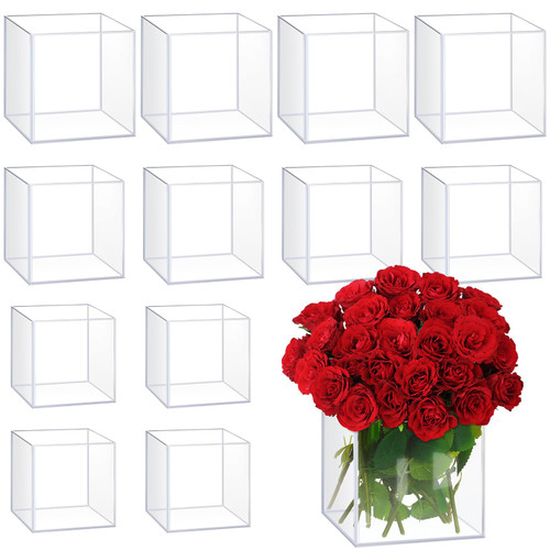 Thyle 3 Size Christmas Flower Vase Acrylic Square Vases for Centerpieces Clear Square Cube Vases Succulent Pots Planters for Christmas Home Wedding Office Table Floral Decor(12 Pcs)
