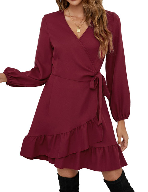 Naggoo Womens Dresses for Fall Long Sleeve Wrap Holiday Short Dress Wine Red L