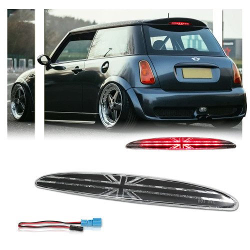 GSOWO Clear Lens LED 3rd Brake Light for 2002-2006 MINI Cooper R50 R53 1st Gen, [Union Jack UK Flag] 8 Brilliant Red LED High Mount Brake Light - Clear Lens