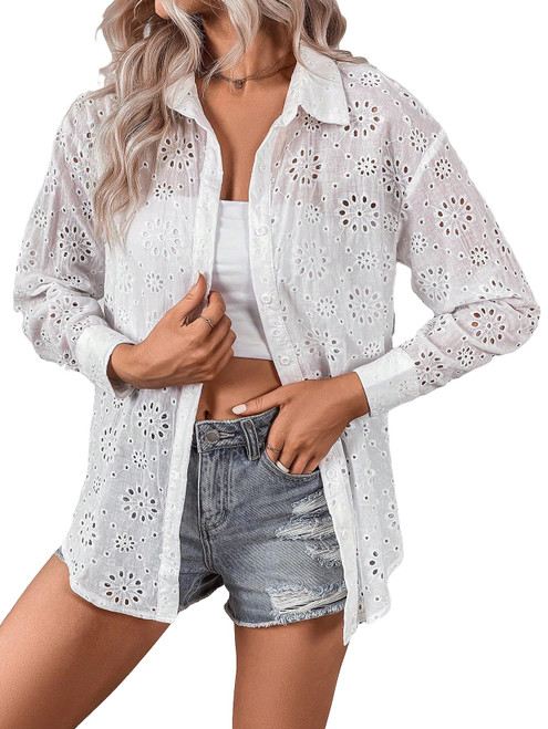 WDIRARA Women's Eyelet Embroidery Button Front Long Sleeve Shirt Collar Tops White L