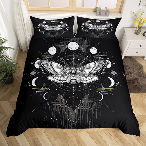Manfei Death Moth Duvet Cover Set Full Size Galaxy Sun and Moon Comforter Cover Boho Gothic Skull Bedding Set 3pcs for Kids Boys Teens Room Decor Black and White Quilt Cover with 2 Pillowcases