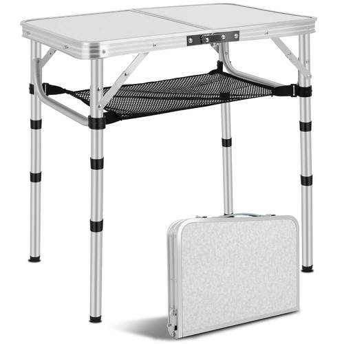 GCCSJ Small Folding Table,Portable Lightweight Aluminum Adjustable Height with Carry Handle,Camping Table with Mesh Holders for Outdoor Camp Picnic Beach BBQ Cooking (3 Heights)