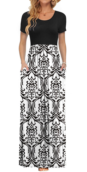 MISFAY Women Short Sleeve Loose Plain Maxi Dresses Casual Long Dresses Pockets(Black White,L)