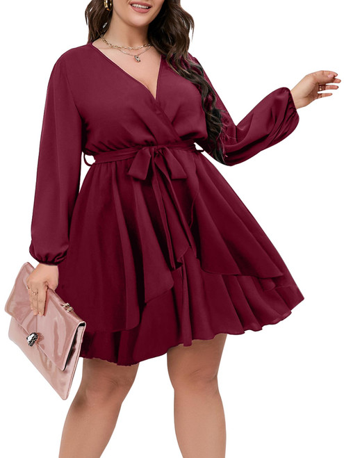 SCOMCHIC Plus Size Wrap Dress for Women Burgundy Cocktail Bridal Shower Party Evening A Line Short Dress 2XL SCOMCHIC Plus Size Wrap Dress for Women Burgundy Cocktail Bridal Shower Party Evening A Line Short Dress 2XL