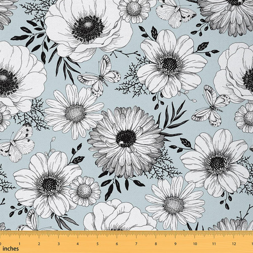 Chrysanthemum Waterproof Fabric by The Yard Wild Botanical Animal Decorative Fabric for Upholstery and Home DIY Projects Retro Sketch Art Outdoor Upholstery Fabric,3 Yards