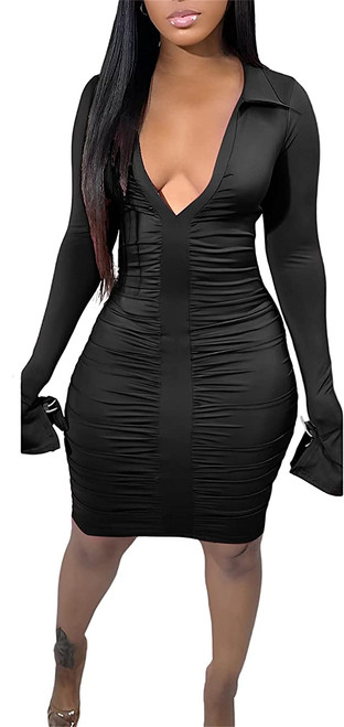 Women Sexy Long Sleeve Bodycon Dress Deep V Neck Ruched Flare Sleeve Party Club Night Short Mini Dresses Black Women Sexy Long Sleeve Bodycon Dress Deep V Neck Ruched Flare Sleeve Party Club Night Short Mini Dresses Black