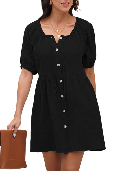 LaSuiveur Women's Puff Sleeve Shirt Button Down Casual Loose Mini Summer Flowy Swing Shift Dress Black XL