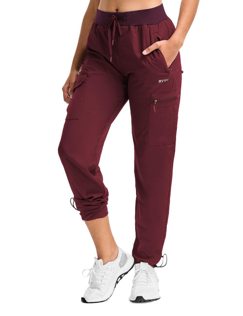 BVVU Women's Cargo Joggers Lightweight Quick Dry Hiking Pants Outdoor Waterproof Athletic Workout Pants with Zipper Pockets Wine Red