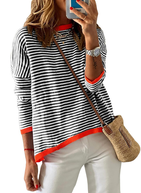 Women's Striped Sweaters 2023 Lightweight Sweaters Long Sleeve Crew Neck Color Block Casual Knitted Pullover Tops Orange