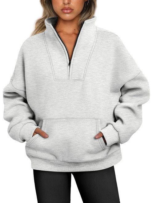 Trendy Queen Quarter Zip Pullover Sweatshirts Half Zip Hoodies for Women Oversized Sweaters Comfy Fall Outfits Winter Clothes 2023 Fashion Grey