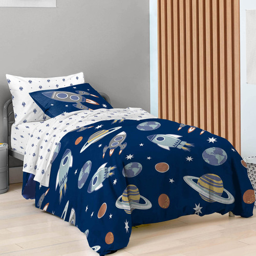 Saturday Park Outer Space Twin Bed Set - 5 Piece 100% Organic Cotton Bedding Features Rocket Ships - GOTS & Oeko-TEX Certified
