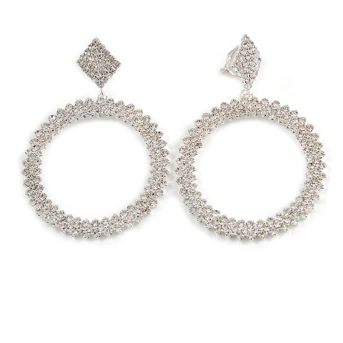 Statement Clear Crystal Hoop Clip On Earrings In Silver Tone Metal - 70mm Long