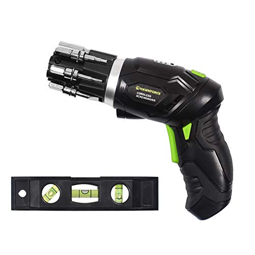 Hawkforce 3.6 Volt Rechargeable Cordless Electric Screwdriver Set Adjustable 2 Position Handle, Front LED Light with Bubble Level