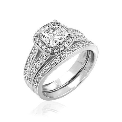 Amazon Collection Sterling Silver Platinum Plated Infinite Elements Cubic Zirconia Cushion Halo Ring, Size 9