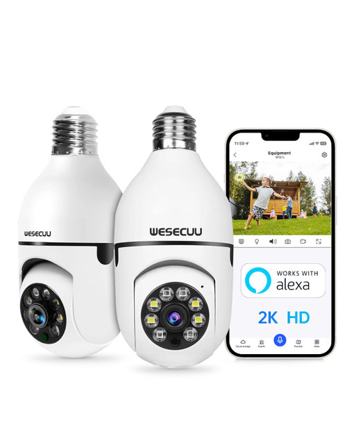 Light Bulb Security Camera, 2K Bulb Security Camera 2.4GHz,Security Cameras Wireless Outdoor with Automatic Human Detection,Motion Detection Alarm,Color Night Vision Bulb Camera Compatible with Alexa