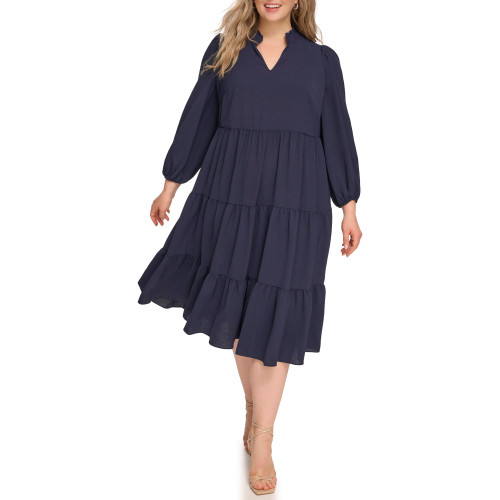 Jessica Howard Women's Plus Long Sleeve V Neck Dress, Navy