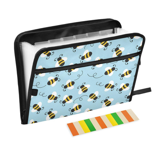 Expandable Accordion Folder Bee-Pattern-Blue Expanding File Organizer with 13 Pockets