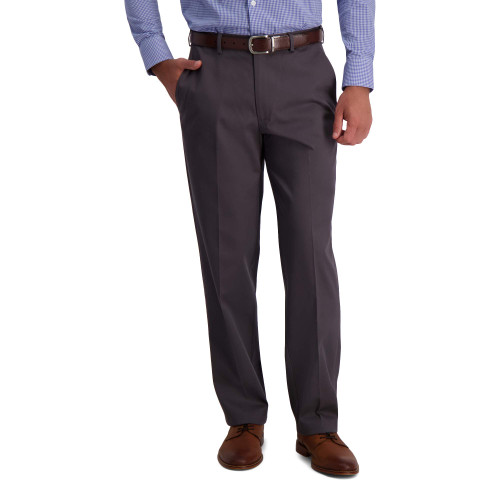 Haggar Men's Iron Free Premium Khaki Classic Fit Flat Front Expandable Waist Casual Pant (Regular and Big & Tall Sizes), Dk Grey, 44W x 30L