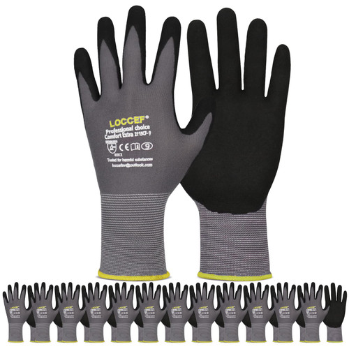 LOCCEF Work Gloves MicroFoam Nitrile Coated-12 Pairs,Seamless Knit Nylon Gloves,Gray Work gloves (7/S, Gary-12 Pairs)