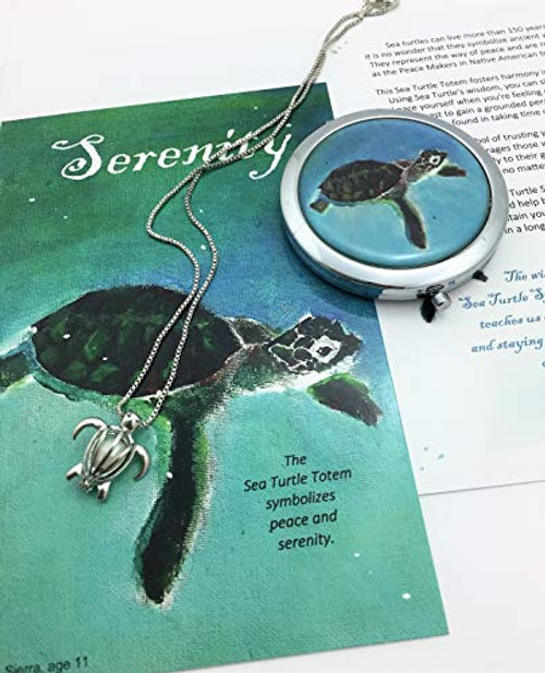 Smiling Wisdom - Sea Turtle Totem Animal Girls Gift Set - Totem Spirit Animal Guide, Cosmetic Mirror, Necklace, Greeting Card - Gifts for Girls - Tween, Teen Girl, Woman - Silver, Blue